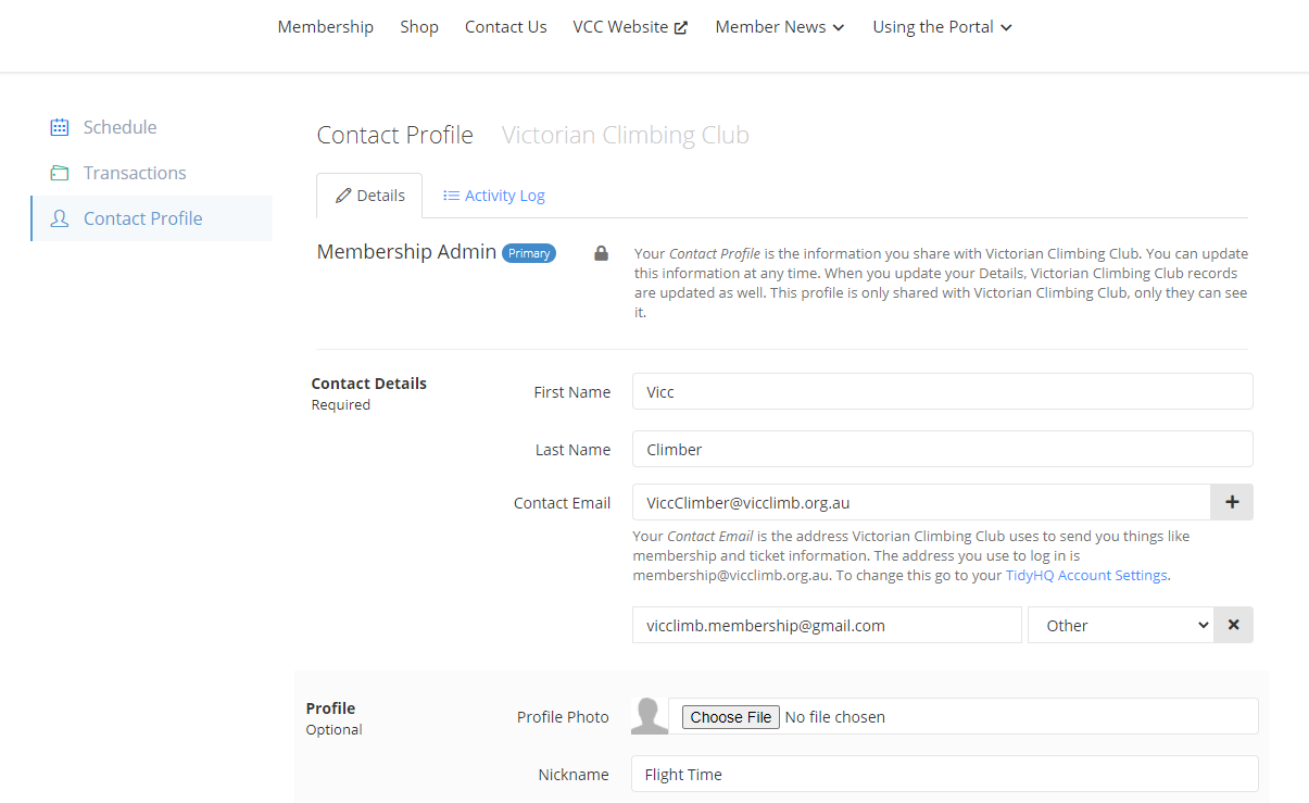 Screen print of VCC Members Portal